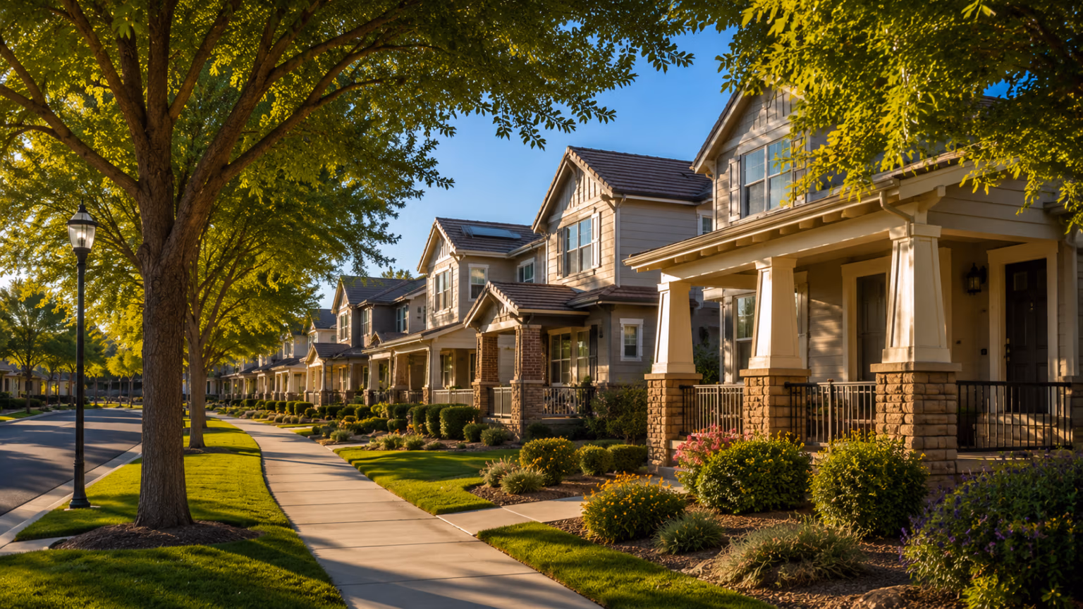 Tree-lined street with Craftsman-style homes in Marley Park, Surprise, Arizona