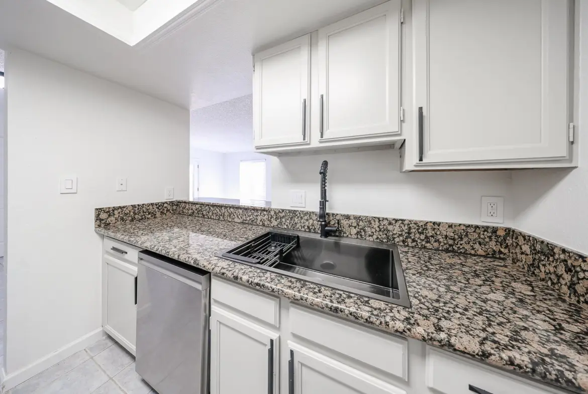 Granite countertops and white cabinets in the kitchen