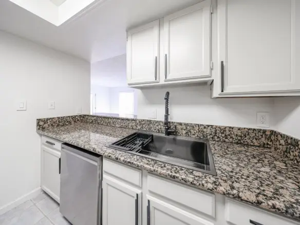 Granite countertops and white cabinets in the kitchen