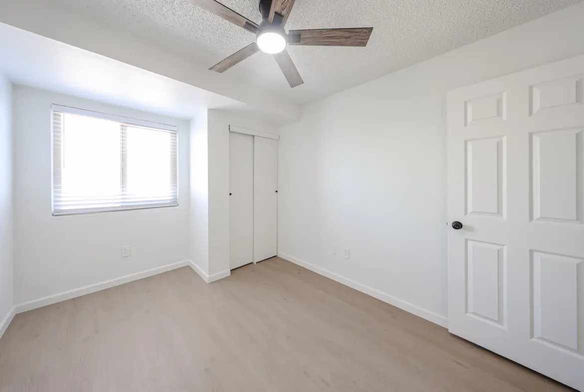 Primary bedroom with ceiling fan and natural light