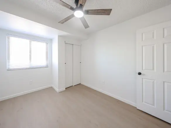 Primary bedroom with ceiling fan and natural light
