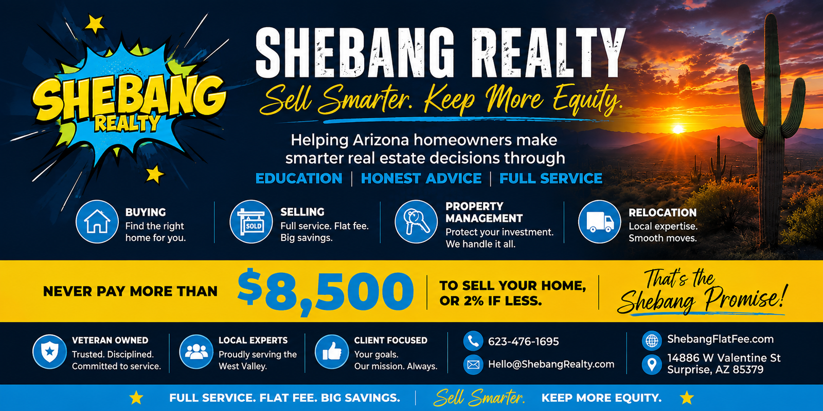 Shebang Realty banner featuring Arizona desert sunset, flat fee real estate services, and ,500 listing fee promise in Surprise, Arizona.