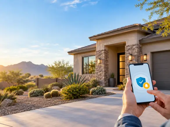 Arizona home with a phone displaying a property protection alert
