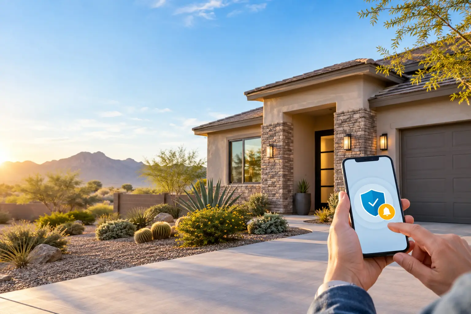 Arizona home with a phone displaying a property protection alert