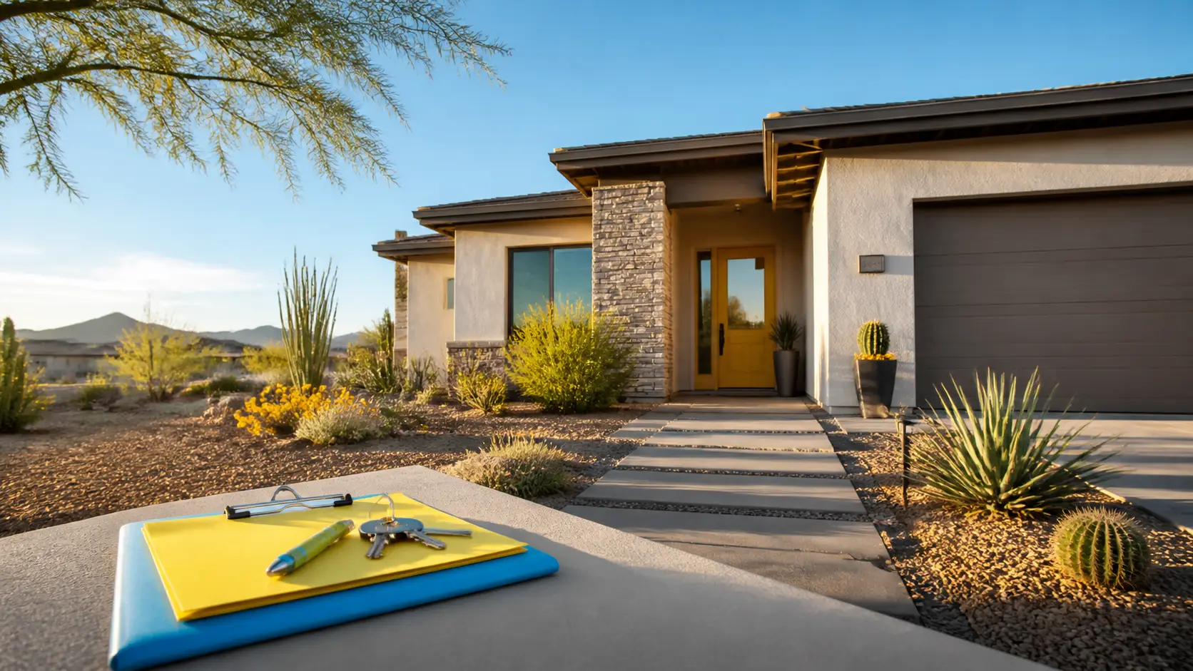 Arizona home entrance with keys and a buyer’s touring checklist in the foreground