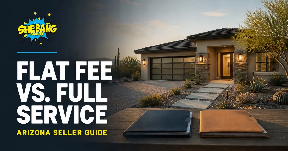 Branded comparison graphic for flat fee versus full-service Realtor options for Arizona home sellers.