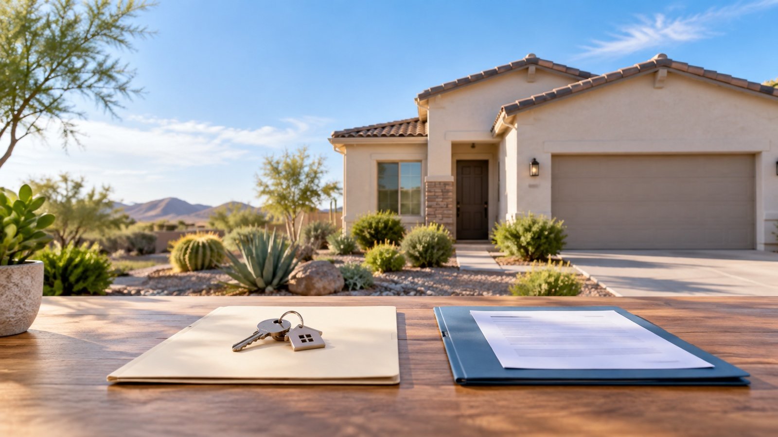 Arizona home with keys and documents representing the choice between selling and renting