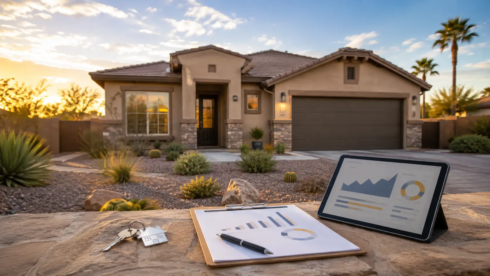 Surprise, Arizona home with keys and home-value charts in the foreground