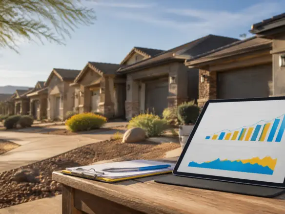Surprise Arizona homes with a housing market analysis displayed on a tablet