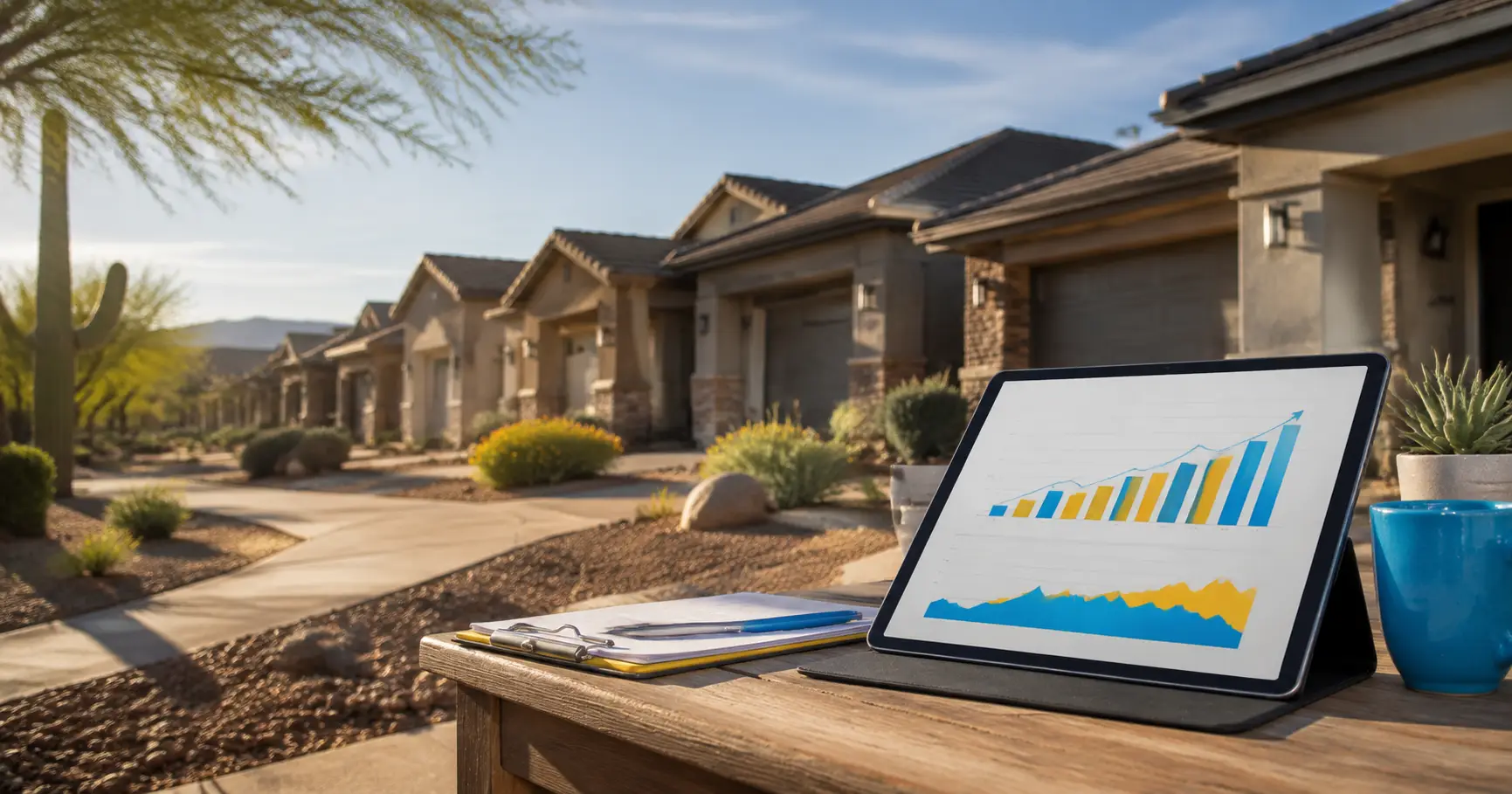 Surprise Arizona homes with a housing market analysis displayed on a tablet
