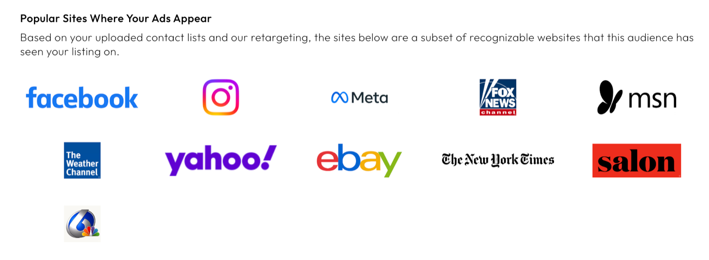 Homes.com report showing examples of recognizable participating sites where advertising or remarketing appeared