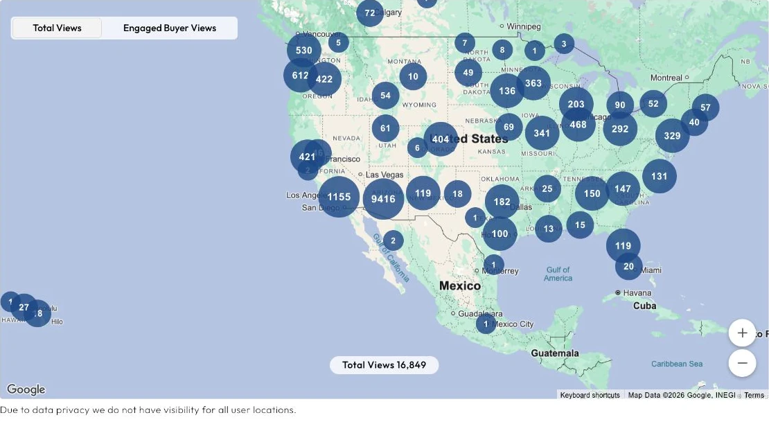 Homes.com Villagio listing visitor map showing 16,849 total listing impressions and geographic clusters across the United States, with Google attribution